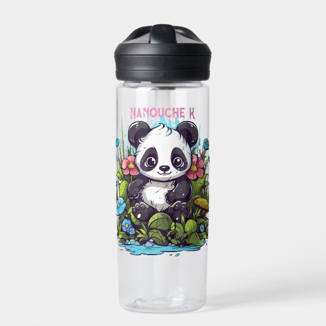 cute panda and flowers  water bottle (Front)