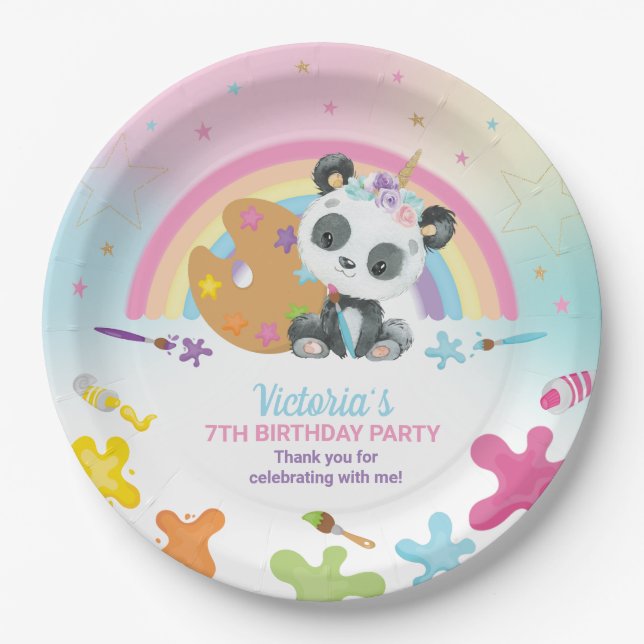 Cute Panda Art Craft Party Rainbow Birthday   Paper Plate (Front)
