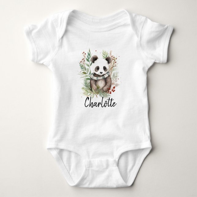 Cute Panda Baby Rustic Christmas botanicals Bodysuit (Front)