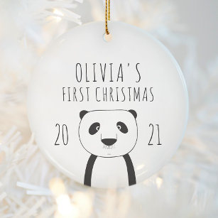 Cute Panda Babys First Christmas Black White Ceramic Ornament