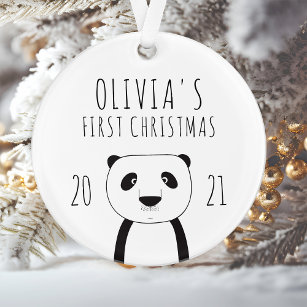 Cute Panda Babys First Christmas Black White Ornament