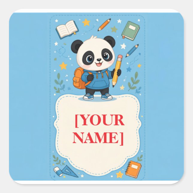 Cute Panda Back to School Supplies Square Sticker (Front)
