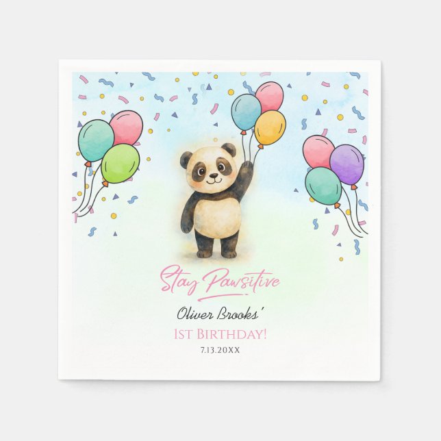 Cute Panda Balloon 1st Birthday Party  Napkin (Front)