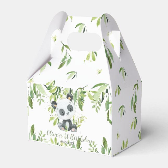 Cute Panda Bamboo Greenery 1st First Birthday Favour Box (Front Side)