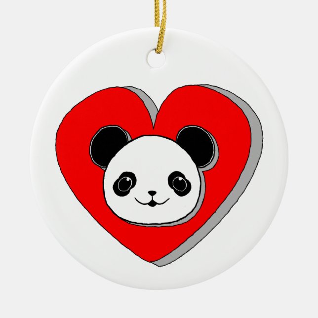 Cute Panda Bear And Red Heart Drawing Ceramic Ornament (Front)