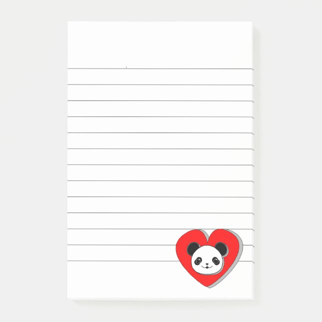 Cute Panda Bear And Red Heart Drawing Lined Post-it Notes (Front)