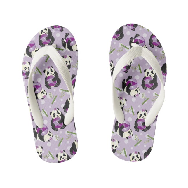 Cute Panda Bear Baby Girl Playing Ball Kid's Thongs (Footbed)