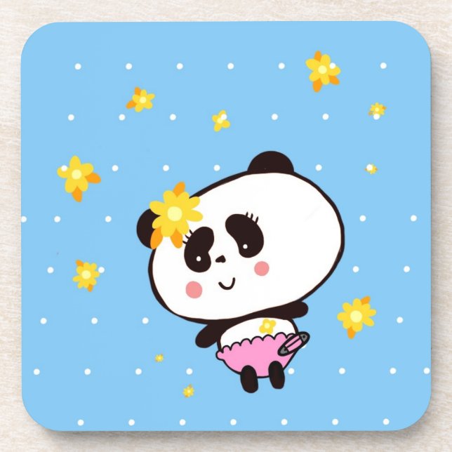 Cute Panda Bear Baby Kawaii Art by LeahG Coaster (Front)