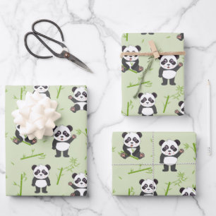 Cute Panda Bear Bamboo Kawaii Animals Pattern Wrapping Paper Sheet