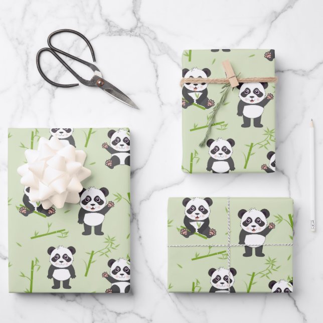 Cute Panda Bear Bamboo Kawaii Animals Pattern Wrapping Paper Sheet (Front)