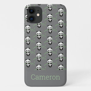 Cute Panda Bear Bamboo Pattern Grey Custom Name iPhone 11 Case