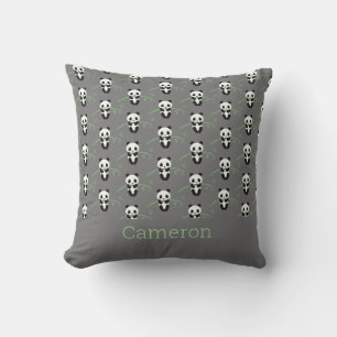 Cute Panda Bear Bamboo Pattern Grey Custom Name Cushion