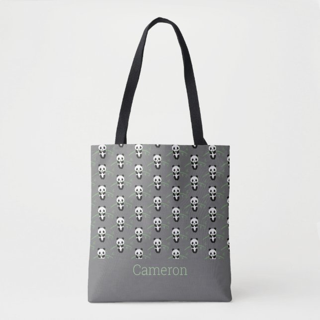 Cute Panda Bear Bamboo Pattern Grey Custom Name Tote Bag (Front)