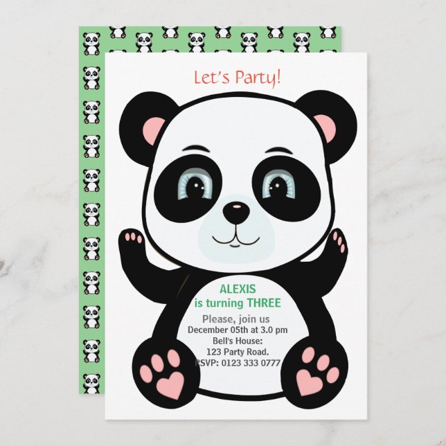 Cute Panda Bear Birthday Invitation (Front/Back)