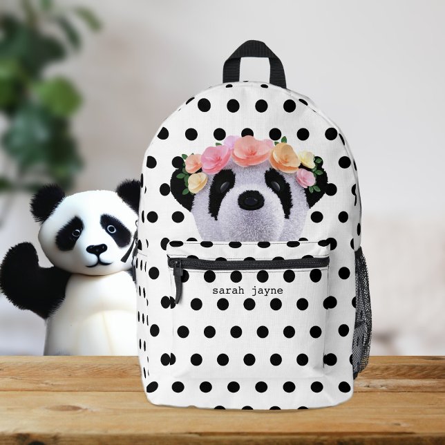 Cute Panda Bear Black and White Polka Dot Backpack (A cute panda bear with flowers in her hair. Just add your name)