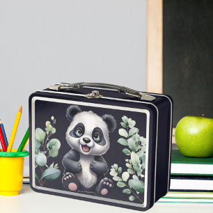 Cute panda bear blue custom name metal lunch box