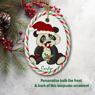 Cute Panda Bear Candy Cane Frame Ceramic Ornament