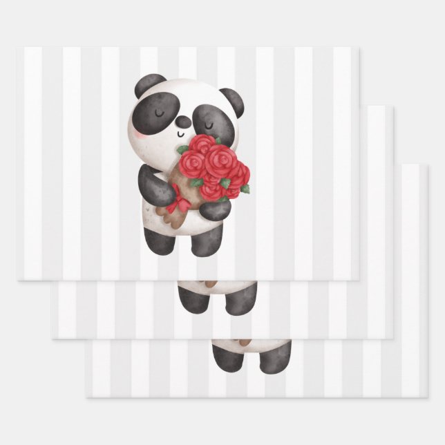 Cute Panda Bear Carrying Bouquet of Roses Wrapping Paper Sheet (Set)