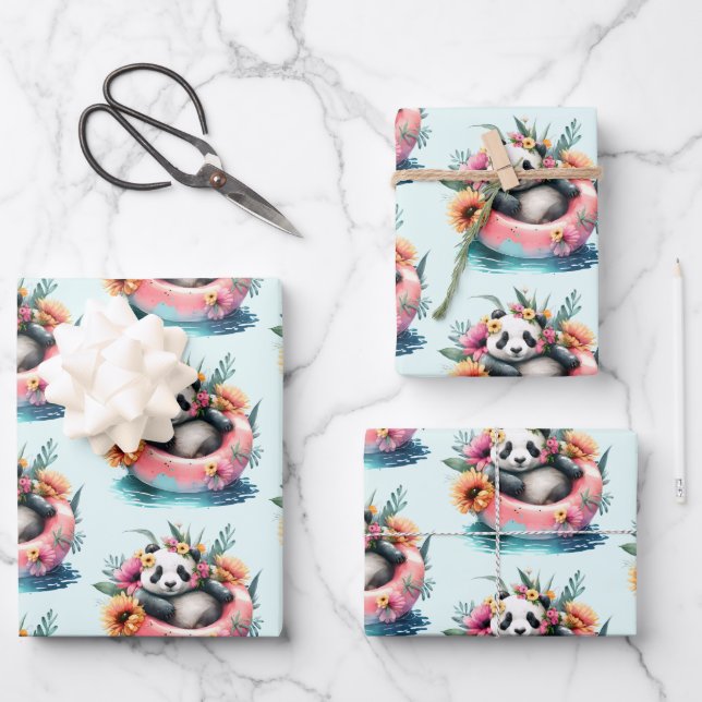 Cute Panda Bear Chilling in an Inner Tube Wrapping Paper Sheet (Front)