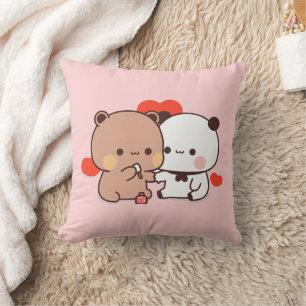 Cute Panda bear couple, heart love Pink Cushion