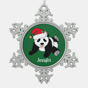 Cute Panda Bear Custom Kids Green Snowflake Pewter Christmas Ornament