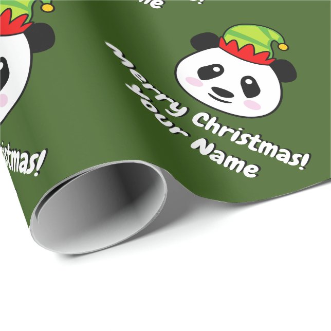 Cute panda bear elf personalised kid's Christmas Wrapping Paper (Roll Corner)
