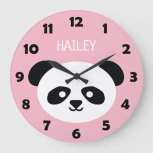 Cute Panda Bear Face Kids Kawaii Personalised Pink Large Clock