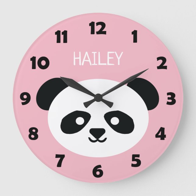 Cute Panda Bear Face Kids Kawaii Personalised Pink Large Clock (Front)