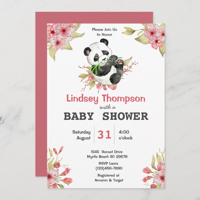 Cute Panda Bear Floral Girls Baby Shower  Invitation (Front/Back)