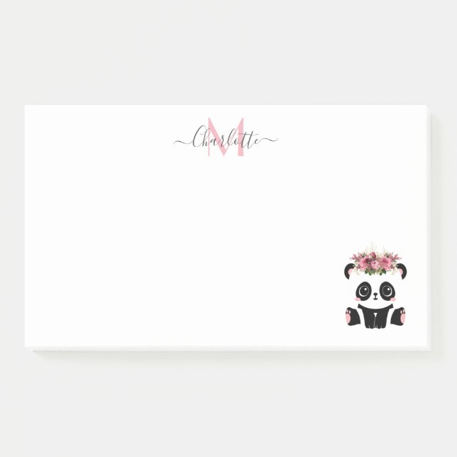 Cute panda bear floral personalised monogram  post-it notes (Front)