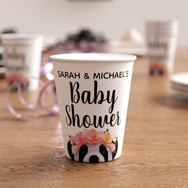 Cute Panda Bear Girl Baby Shower Paper Cups (A peeking panda paper cup perfect for your baby shower party. Just add your names)