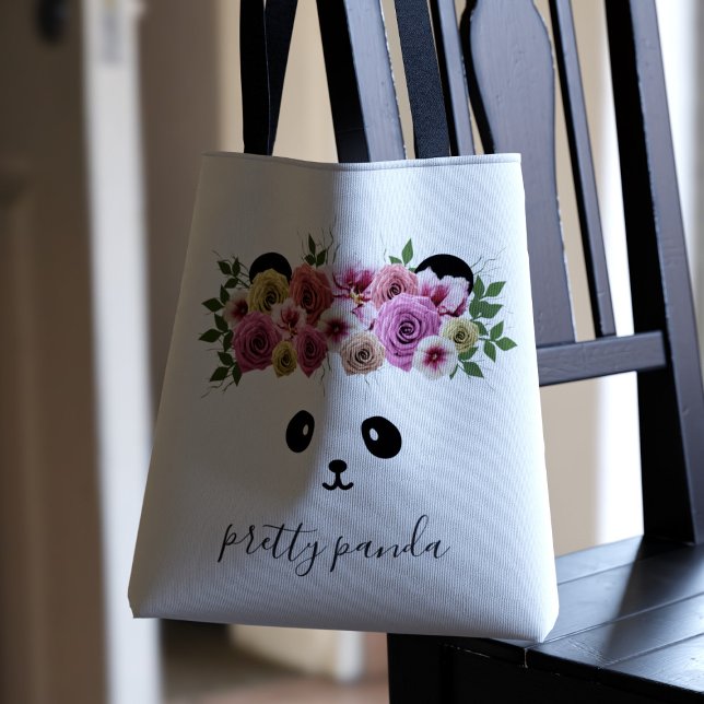 Cute Panda Bear Girl White Personalised Tote Bag (A pretty panda bear with flowers in her hair. Just add your name)