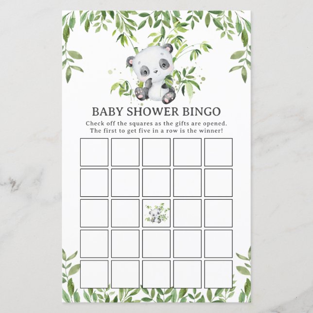 Cute Panda Bear Greenery Baby Shower Bingo Game (Front)