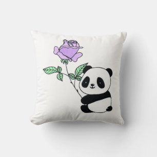 Cute Panda Bear Holding Purple Rose Flower Cushion