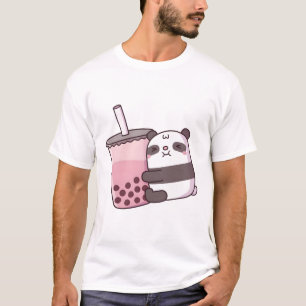 Cute Panda Bear Hugging Strawberry Bubble Tea T-Shirt