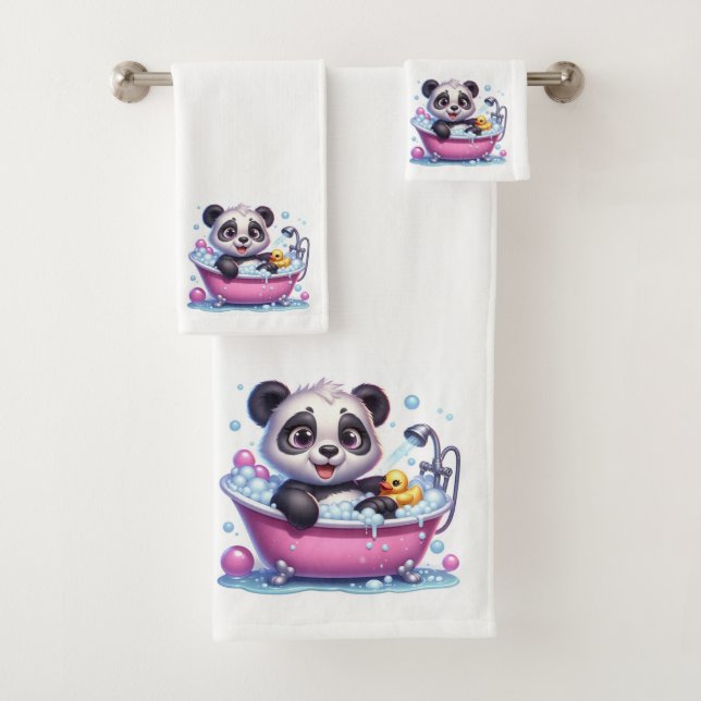 Cute Panda Bear in a Bubble Bath Bath Towel Set (Insitu)