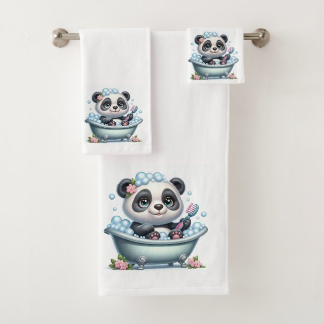 Cute Panda Bear in a Bubble Bath Towel Set (Insitu)