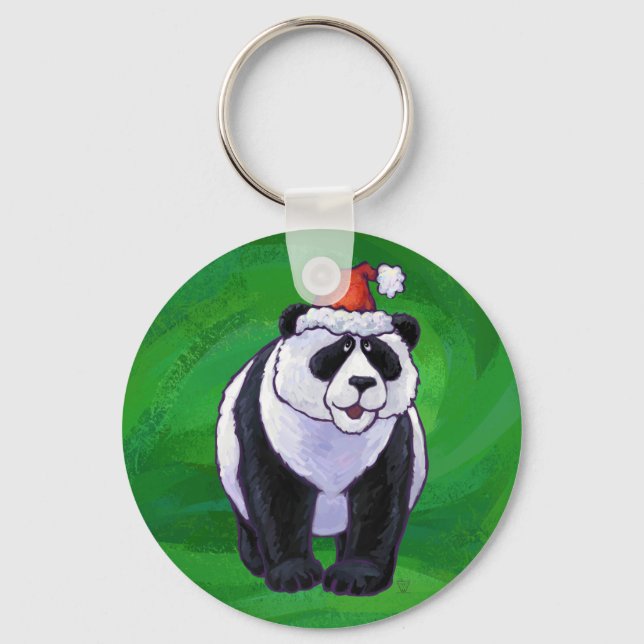 Cute Panda Bear in Santa Hat on Green Key Ring (Front)