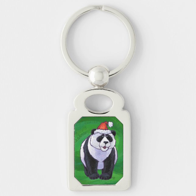 Cute Panda Bear in Santa Hat on Green Key Ring (Front)