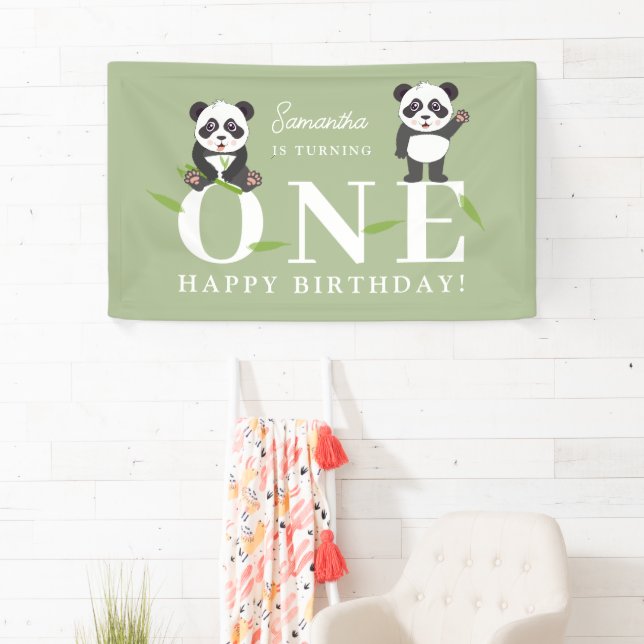 Cute Panda Bear Kawaii Kids First One Birthday Banner (Insitu)