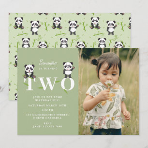Cute Panda Bear Kawaii Kids Two 2 Birthday Photo Invitation