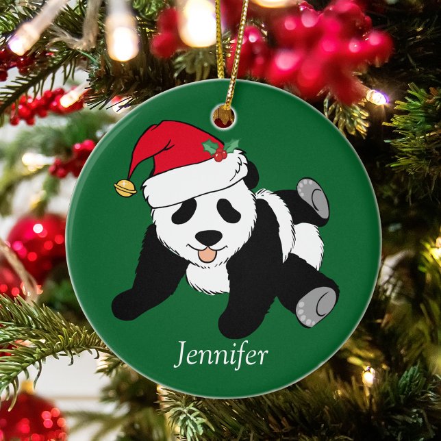Cute Panda Bear Kids Monogram Christmas Ceramic Ornament (Creator Uploaded)