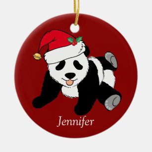 Cute Panda Bear Kids Monogram Red Christmas Ceramic Ornament