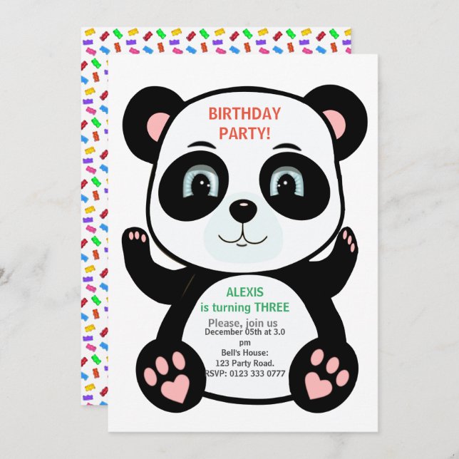 Cute Panda Bear & Multicolored Confetti Invitation (Front/Back)