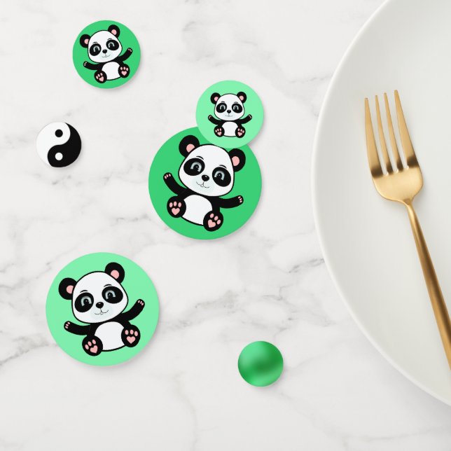 Cute panda bear on green confetti (Group)