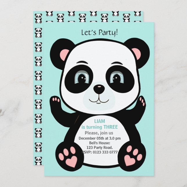 Cute Panda Bear on Light Teal Blue Birthday Invitation (Front/Back)