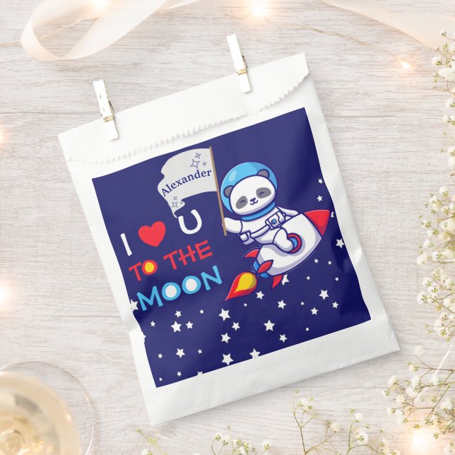 Cute Panda Bear On Rocket Ship Kids Personalised Favour Bag (Clipped)