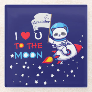 Cute Panda Bear On Rocket Ship Kids Personalised Glass Coaster
