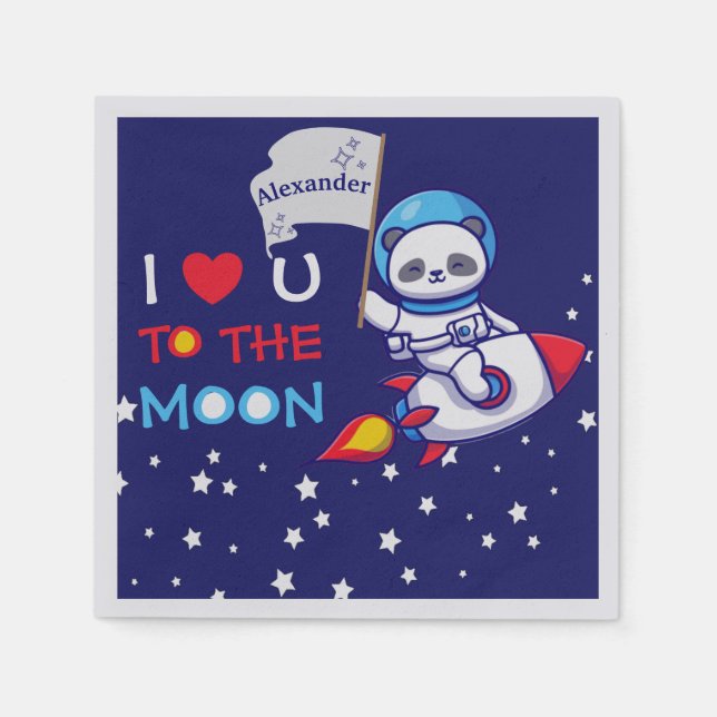 Cute Panda Bear On Rocket Ship Kids Personalised Napkin (Front)