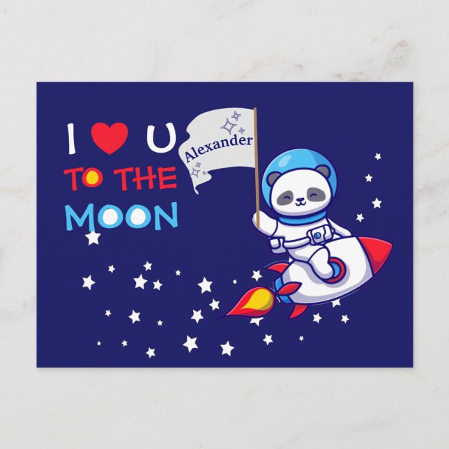 Cute Panda Bear On Rocket Ship Kids Personalised Postcard (Front)